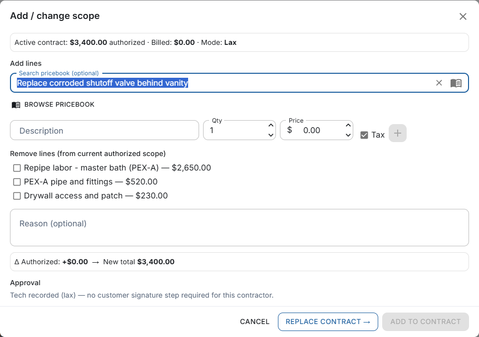 Add / change scope against the active contract — every added line gets its own approval record