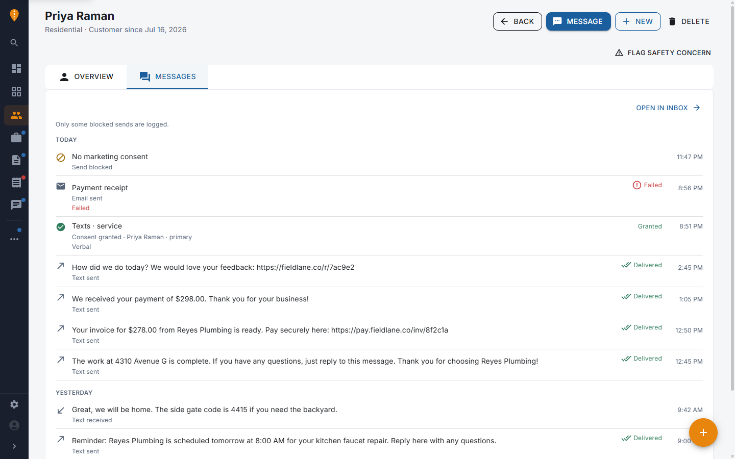 One customer's full communication history — deliveries, consent grants, even blocked sends