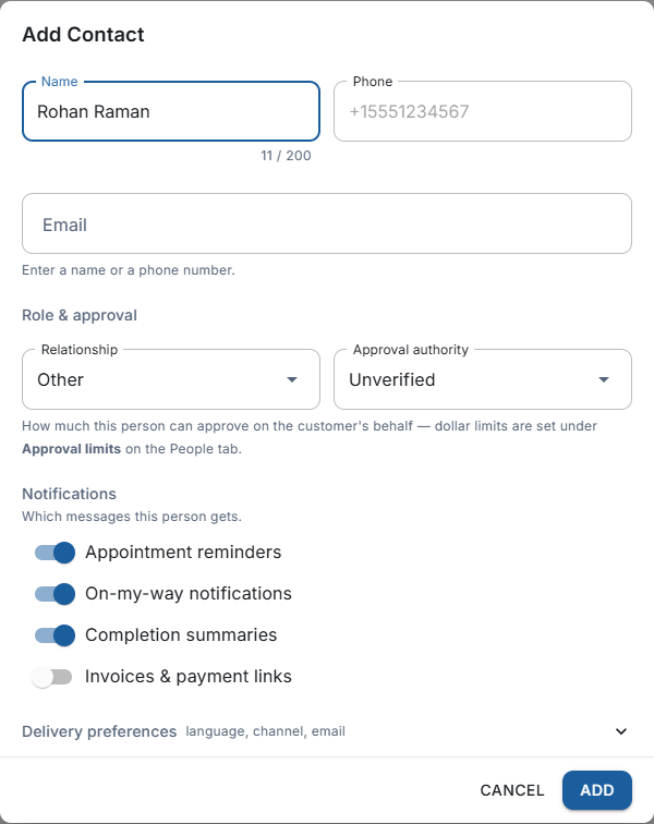 Adding a contact — relationship and approval authority are set per person