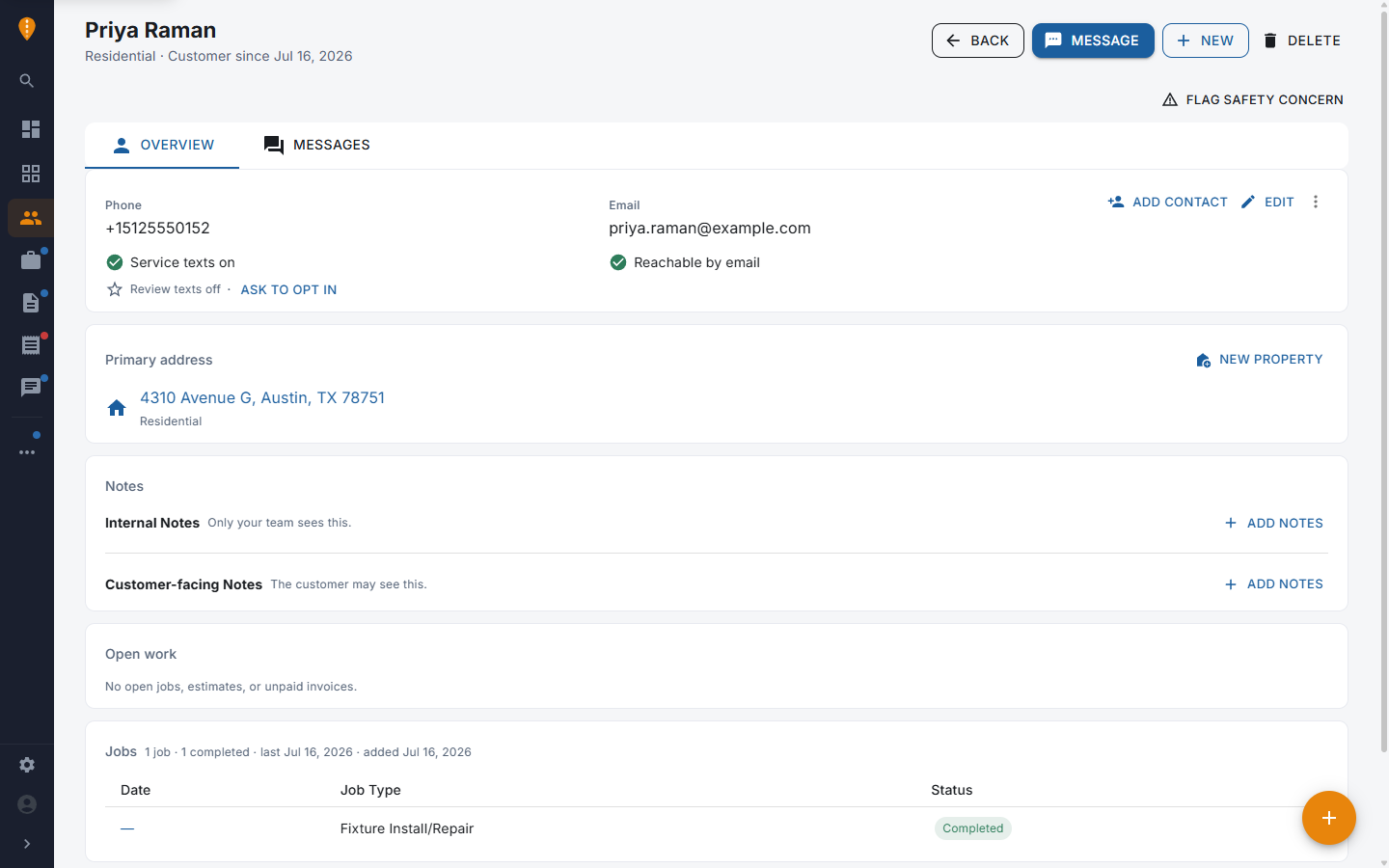 Per-channel consent on the customer record — service texts on, review texts pending opt-in
