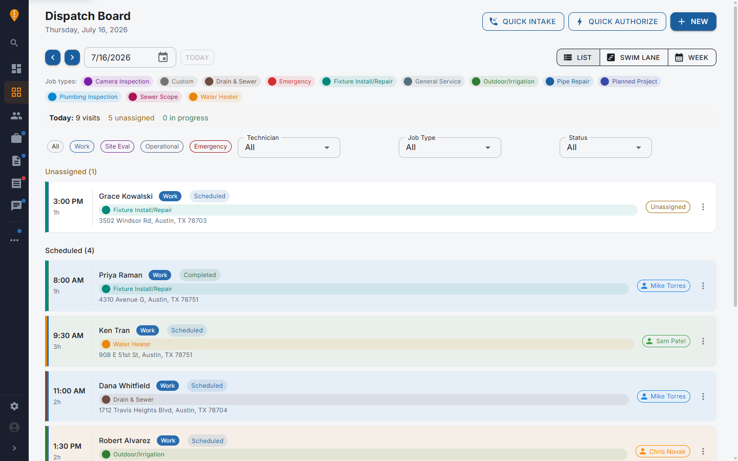 The FieldLane dispatch board — list view with color-coded job types, statuses, and technician assignments