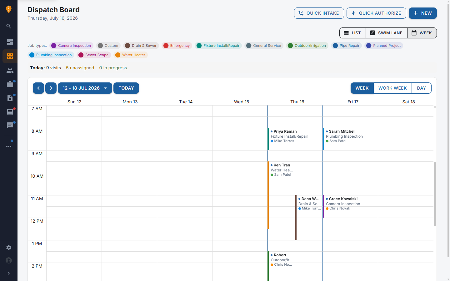 Week view — the whole crew's schedule with color-coded job types