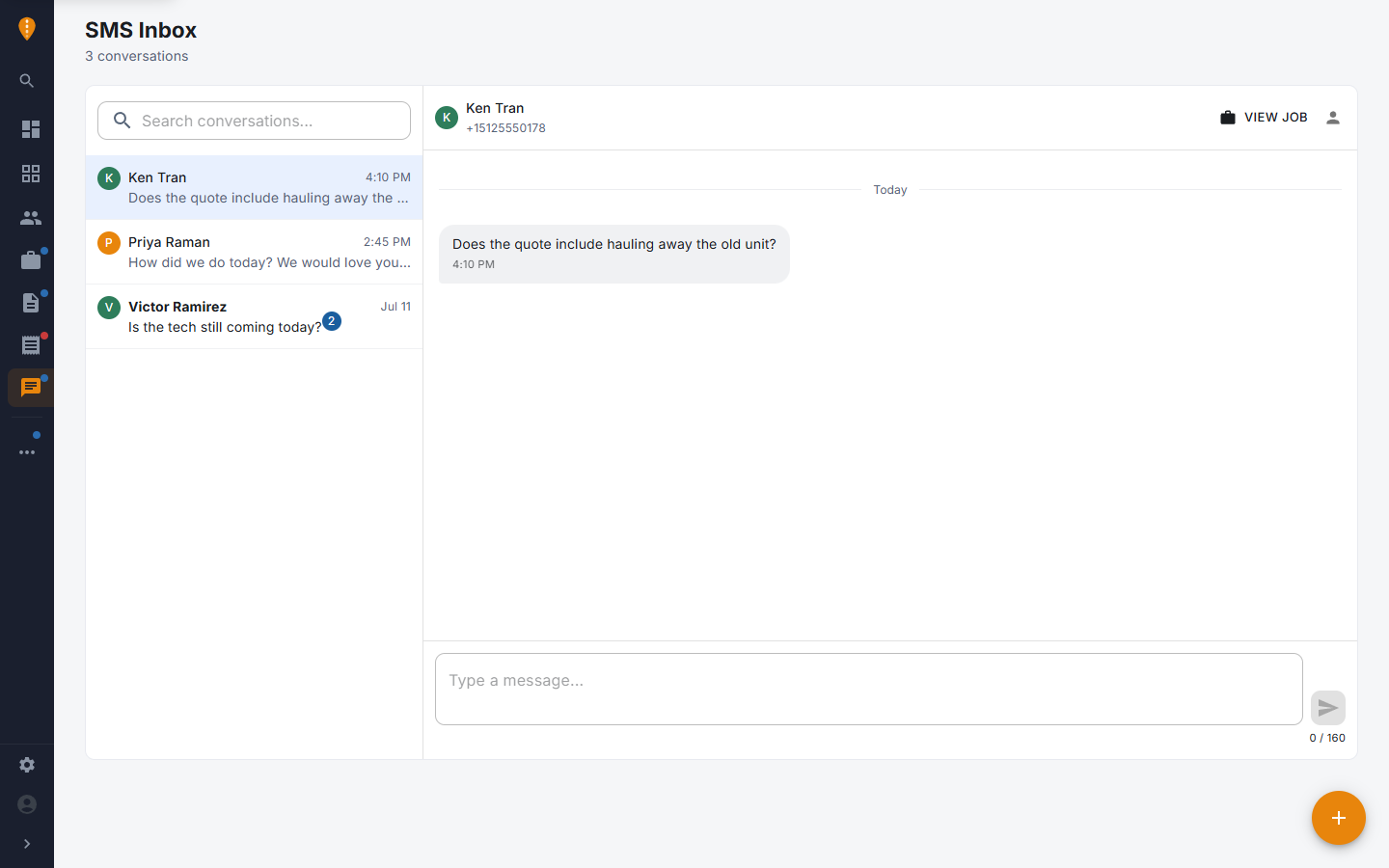 The team inbox — threads by customer with the job one click away