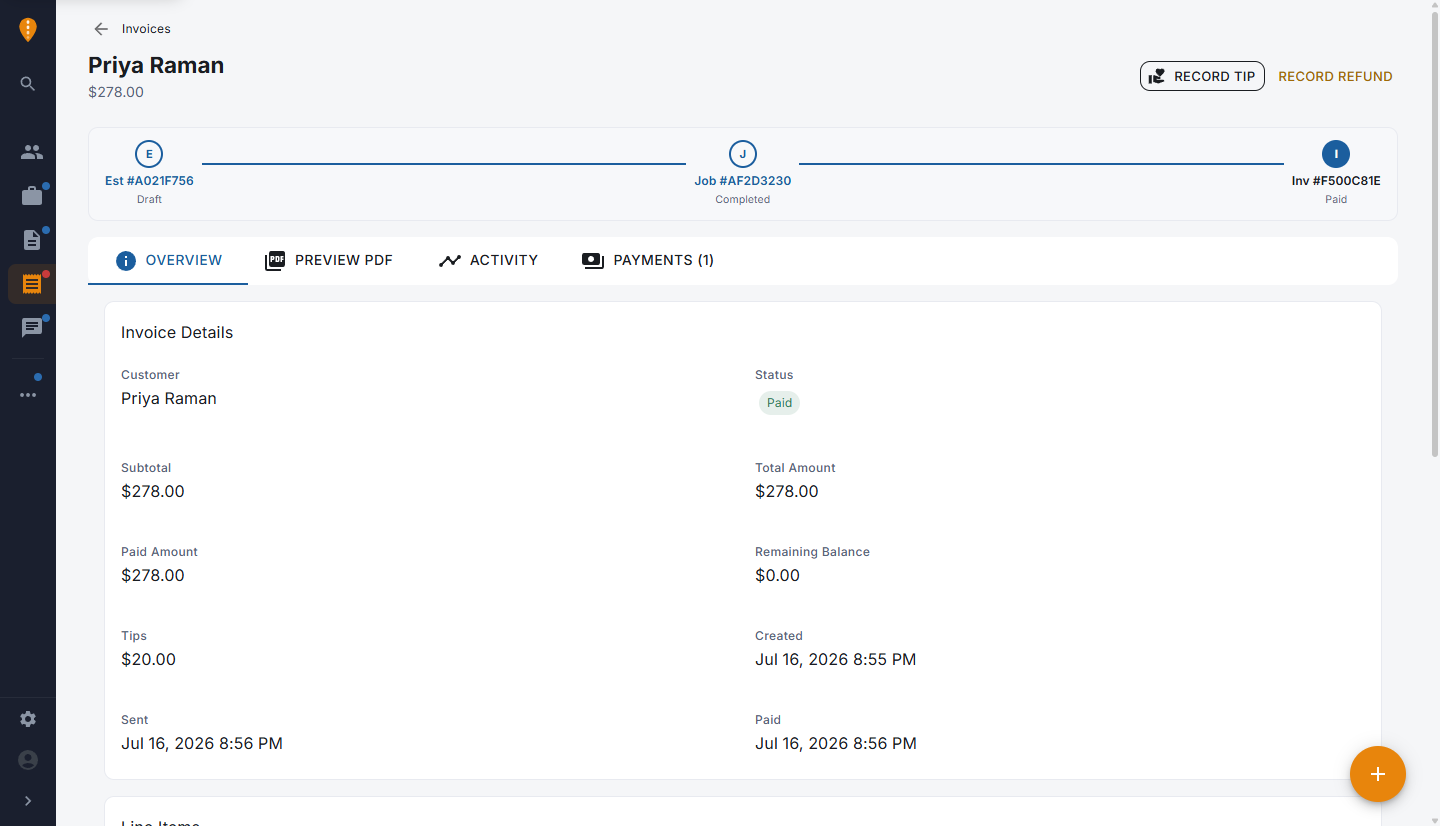 A paid invoice with tip, payment history, and the estimate-to-invoice chain