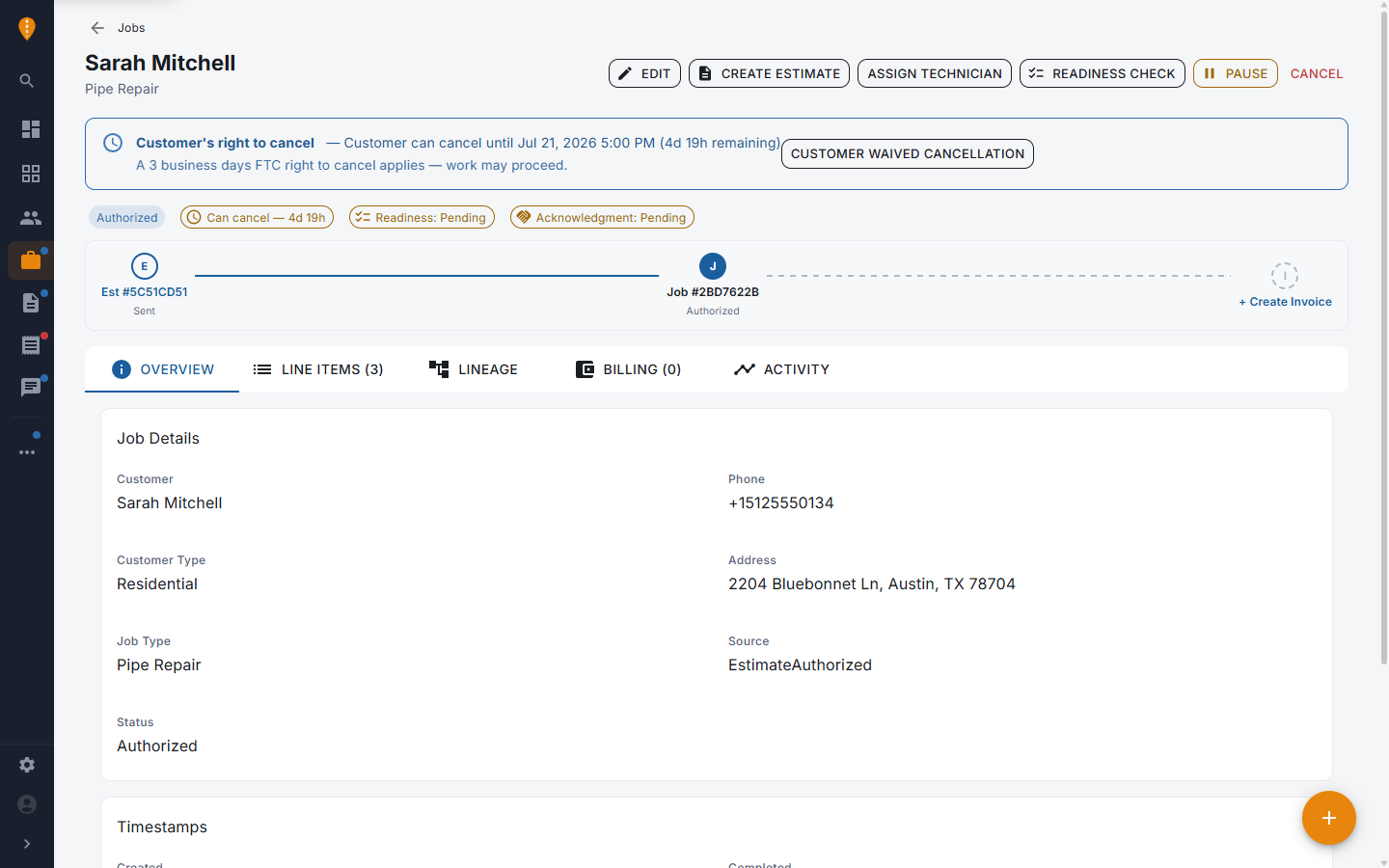 An authorized job with the FTC right-to-cancel window tracked on the record
