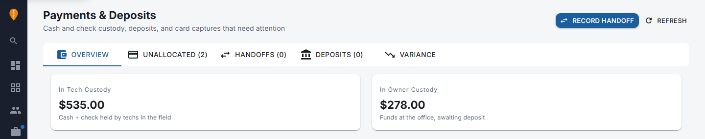 Payments & Deposits — cash in tech custody vs. office custody