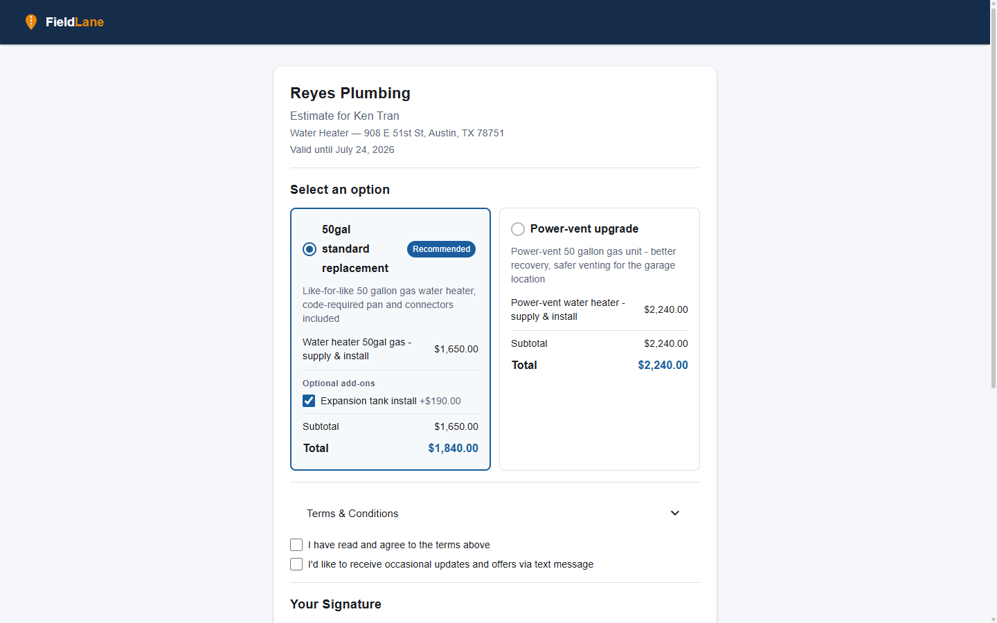 The customer estimate portal — tiered options with a customer-selected add-on