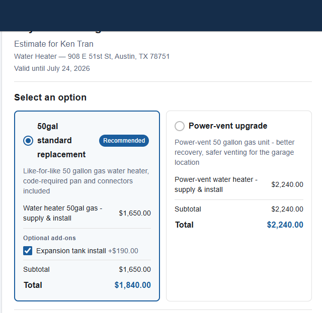 Two options side by side with a customer-selected add-on — exactly what the customer sees
