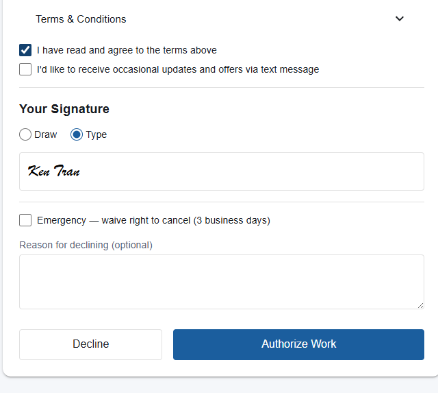 The customer signs on their phone — typed or drawn — and authorizes the work